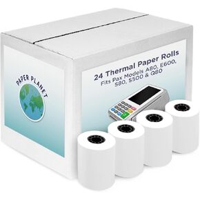لفائف الورق الحرارية لطابعات طرفية PAX بواسطة Paper Planet | لفة ورقة استلام بطاقة الائتمان متوافقة مع PAX A80 و E600 و S80 و S500 و Q80 طرفي الدفع | 24 لفات