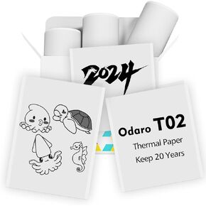 أوراق Odaro الحرارية ، T02 Mini Printer Paper ، ورق طابعة حرارية أسود على ورق أبيض لزج 50 مم × 3.5 م ، 3 لفات أبيض