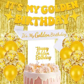 Golden Birthday Party Decorations PremiumIt’s My Golden Birthday Sash & Banner, Gold Cake Topper, Fringe Curtains, Balloons for Adult Women Men Party Supplies