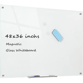 Glass Whiteboard Magnetic Dry Erase Board 48 x 36 Inches, Wall Mounted Glass White Board for Office School Home.