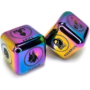 2pcs/set metal 12 constellation dice set ، laser محفورة بزارع 6 جوانب من الفولاذ المقاوم للصدأ zodiac لإكسسوارات عرافة اللعبة (الحديثة ، الملونة) ، dk-mdice-12xz