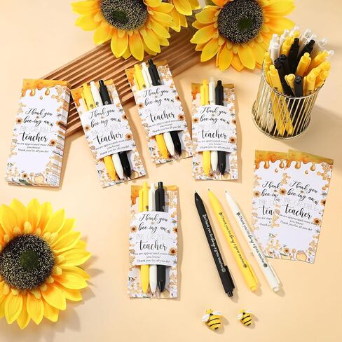10 Sets Teacher Appreciation Gifts Bulk Cute Bee Sunflower Retractable Ballpoint Pens (3 Colors/Set) Thank You Teacher Bookmarks Black Ink for School Office in Saudi Arabia