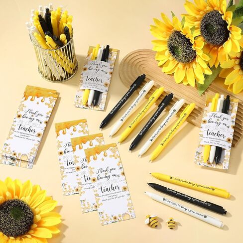 10 Sets Teacher Appreciation Gifts Bulk Cute Bee Sunflower Retractable Ballpoint Pens (3 Colors/Set) Thank You Teacher Bookmarks Black Ink for School Office in Saudi Arabia