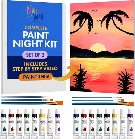 Paintaway Painting Kits for Adults, Teens & Kids - Step-by-Step Paint and Sip Kit for Adults, Parties, Dates, Painting Kit - Set of 2 x Canvas, Paintbrushes, Apron, 8 Acrylic Paints - Golden Horizons in Saudi Arabia