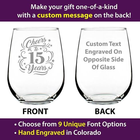 Cheers to 15 Years - Stemless Wine Glass Gifts for Women & Men - 15th Anniversary Party Decor - Large 17 Oz Glasses in Kuwait