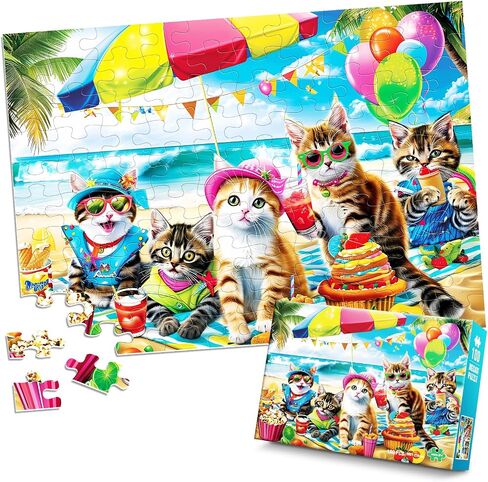 Puzzles for Kids Ages 4-8 6-8 8-10 Year Old and Seniors - Funny Cats Puzzle Beach Kitten Jigsaw Puzzles, 100 Piece Puzzle for Toddler Children Learning Educational Puzzles Toys for Boys and Girls in Saudi Arabia