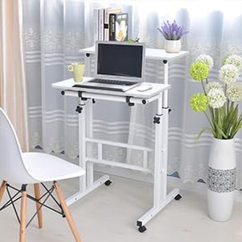 Dlandhome Mobile Desking Desk Stand Up Desk Rolling Desk ، Stand Desk Desk Computer Desk Desk القابلة للتعديل 23.6inches Table Workstation Desk Desk Tray White in Kuwait