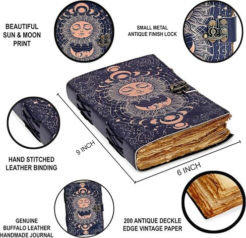Sun & Moon Printed Journal, Handmade Deckle Edge Old Lined Journal, Sun moon Journal, Leather Sketchbook, Leather Notebook, Leather Journal for Men, Leather Journal for Women, Drawing Journal (8 x 6 in Kuwait