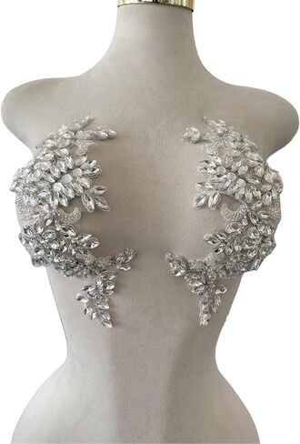 Handmade Rhinestones Applique DIY Handsewing Beads Sequins Trim Patch 1 Pair Dress Clothes Accessories 4.3X10.6inches (Silver) in Kuwait
