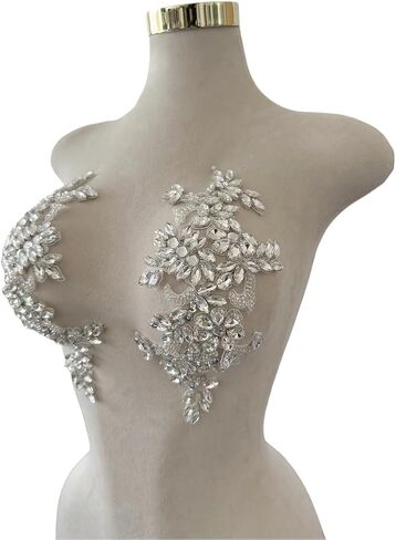 Handmade Rhinestones Applique DIY Handsewing Beads Sequins Trim Patch 1 Pair Dress Clothes Accessories 4.3X10.6inches (Silver) in Kuwait
