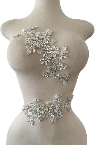 Handmade Rhinestones Applique DIY Handsewing Beads Sequins Trim Patch 1 Pair Dress Clothes Accessories 4.3X10.6inches (Silver) in Kuwait
