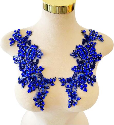 Handmade Rhinestones Applique DIY Handsewing Beads Sequins Trim Patch 1 Pair Dress Clothes Accessories 4.3X10.6inches (Silver) in Kuwait