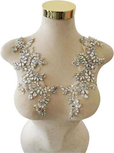 Handmade Rhinestones Applique DIY Handsewing Beads Sequins Trim Patch 1 Pair Dress Clothes Accessories 4.3X10.6inches (Silver) in Kuwait