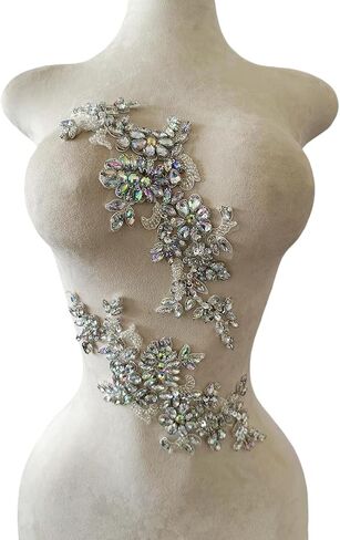 Handmade Rhinestones Applique DIY Handsewing Beads Sequins Trim Patch 1 Pair Dress Clothes Accessories 4.3X10.6inches (Silver) in Kuwait