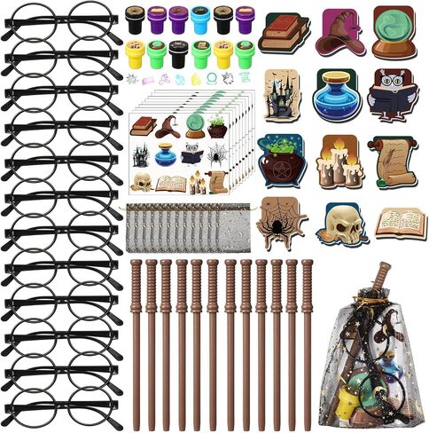 Pasimy 72 Pcs Wizard Party Favors Birthday Decorations with Mini Notebook Black Glasses Pencil Stamp Sticker Gift Bag for Kids Wizard Magical Goody Bag Stuffer Classroom Prize Supplies (Wand) in Kuwait