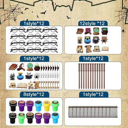 Pasimy 72 Pcs Wizard Party Favors Birthday Decorations with Mini Notebook Black Glasses Pencil Stamp Sticker Gift Bag for Kids Wizard Magical Goody Bag Stuffer Classroom Prize Supplies (Wand) in Kuwait