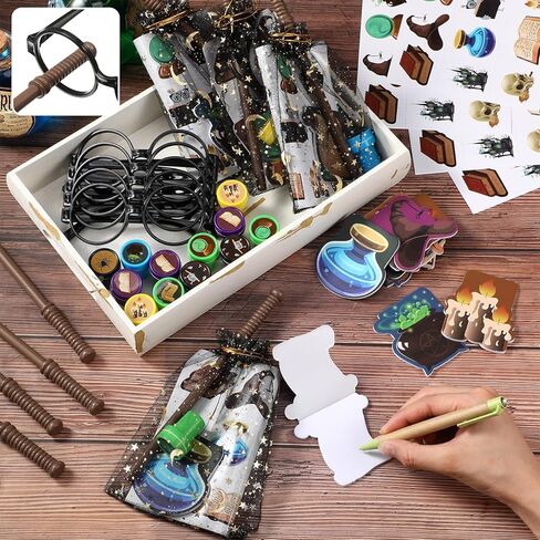 Pasimy 72 Pcs Wizard Party Favors Birthday Decorations with Mini Notebook Black Glasses Pencil Stamp Sticker Gift Bag for Kids Wizard Magical Goody Bag Stuffer Classroom Prize Supplies (Wand) in Kuwait