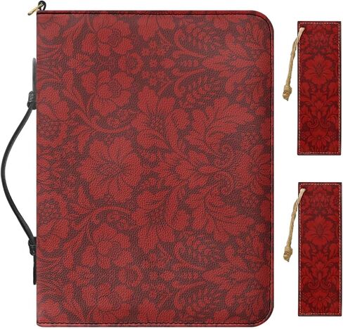 Small PU Leather Bible Case for Women, Comes with 2 Leather Bookmarks, Red Bible Cover with Handle, Vintage Flower Pattern Print PU Leather Bible Book Bag, Built-in Pocket Pen Slots in Kuwait