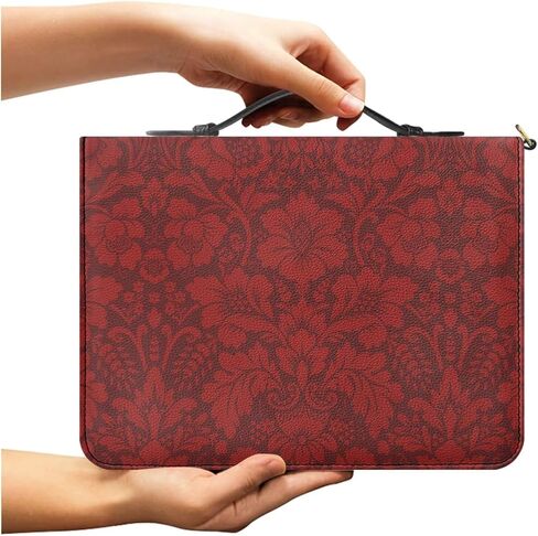 Small PU Leather Bible Case for Women, Comes with 2 Leather Bookmarks, Red Bible Cover with Handle, Vintage Flower Pattern Print PU Leather Bible Book Bag, Built-in Pocket Pen Slots in Kuwait