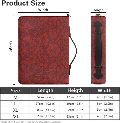 Small PU Leather Bible Case for Women, Comes with 2 Leather Bookmarks, Red Bible Cover with Handle, Vintage Flower Pattern Print PU Leather Bible Book Bag, Built-in Pocket Pen Slots in Kuwait