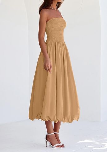 PRETTYGARDEN Women's 2025 Summer Strapless Tube Midi Dress Smocked A Line Bubble Long Flowy Casual Elegant Party Dresses in Saudi Arabia