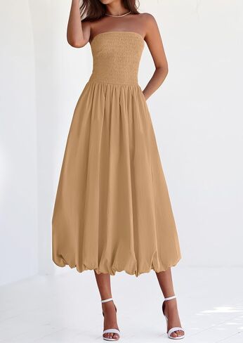 PRETTYGARDEN Women's 2025 Summer Strapless Tube Midi Dress Smocked A Line Bubble Long Flowy Casual Elegant Party Dresses in Saudi Arabia