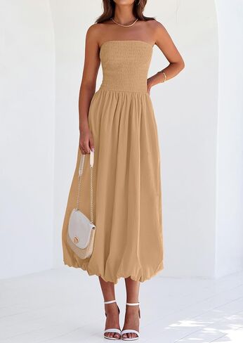 PRETTYGARDEN Women's 2025 Summer Strapless Tube Midi Dress Smocked A Line Bubble Long Flowy Casual Elegant Party Dresses in Saudi Arabia