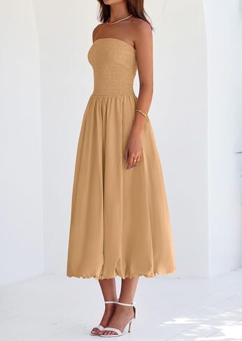 PRETTYGARDEN Women's 2025 Summer Strapless Tube Midi Dress Smocked A Line Bubble Long Flowy Casual Elegant Party Dresses in Saudi Arabia