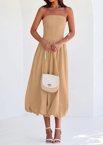 PRETTYGARDEN Women's 2025 Summer Strapless Tube Midi Dress Smocked A Line Bubble Long Flowy Casual Elegant Party Dresses in Saudi Arabia