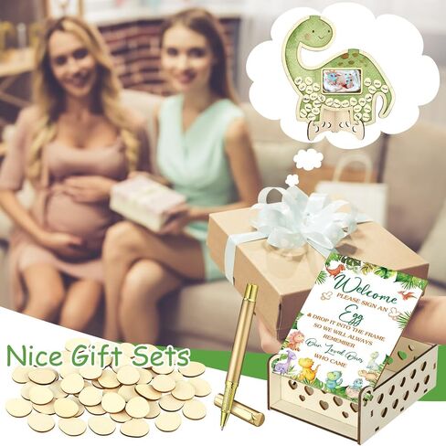 Wenqik 63 Pcs Baby Shower Guest Book Alternatives Set Baby Shower Decorations with Photo Frame Sonogram Frame Keepsake 60 Wood Slices Guest Book for Birthday(Dinosaur) in Kuwait