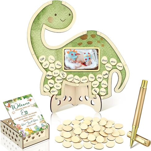 Wenqik 63 Pcs Baby Shower Guest Book Alternatives Set Baby Shower Decorations with Photo Frame Sonogram Frame Keepsake 60 Wood Slices Guest Book for Birthday(Dinosaur) in Kuwait