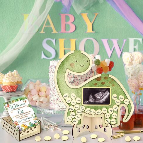 Wenqik 63 Pcs Baby Shower Guest Book Alternatives Set Baby Shower Decorations with Photo Frame Sonogram Frame Keepsake 60 Wood Slices Guest Book for Birthday(Dinosaur) in Kuwait