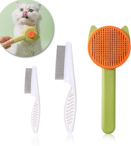 Pet Grooming Brush Kit for Cat and Dog, Hair Massage Cleaner with Release Button, 2 Flea Combs for Shedding Removing Tangles Loose Fur Self Cleaning Accessories, Pink (3 Pieces Set) in Saudi Arabia