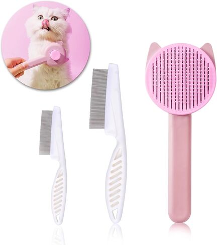 Pet Grooming Brush Kit for Cat and Dog, Hair Massage Cleaner with Release Button, 2 Flea Combs for Shedding Removing Tangles Loose Fur Self Cleaning Accessories, Pink (3 Pieces Set) in Saudi Arabia