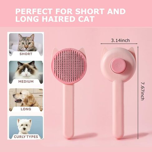 Pet Grooming Brush Kit for Cat and Dog, Hair Massage Cleaner with Release Button, 2 Flea Combs for Shedding Removing Tangles Loose Fur Self Cleaning Accessories, Pink (3 Pieces Set) in Saudi Arabia