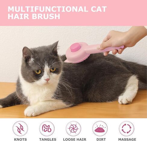 Pet Grooming Brush Kit for Cat and Dog, Hair Massage Cleaner with Release Button, 2 Flea Combs for Shedding Removing Tangles Loose Fur Self Cleaning Accessories, Pink (3 Pieces Set) in Saudi Arabia