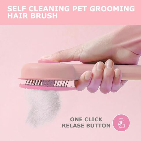 Pet Grooming Brush Kit for Cat and Dog, Hair Massage Cleaner with Release Button, 2 Flea Combs for Shedding Removing Tangles Loose Fur Self Cleaning Accessories, Pink (3 Pieces Set) in Saudi Arabia