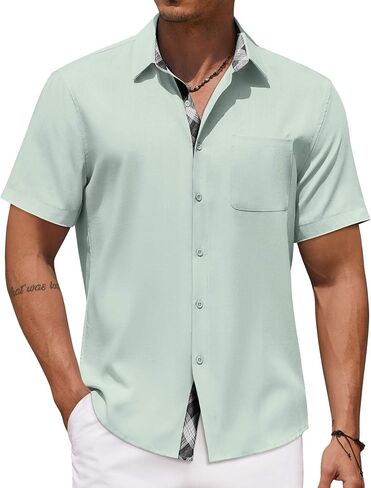 COOFANDY Men's Button Down Shirts Short Sleeve Casual Shirts for Men Summer Beach Wedding Shirt with Pocket in Saudi Arabia