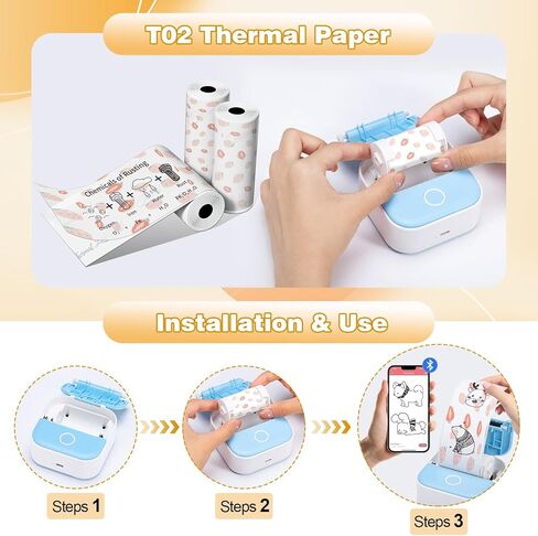 أوراق Odaro الحرارية ، T02 Mini Printer Paper ، ورق طابعة حرارية أسود على ورق أبيض لزج 50 مم × 3.5 م ، 3 لفات أبيض in Kuwait