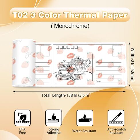 أوراق Odaro الحرارية ، T02 Mini Printer Paper ، ورق طابعة حرارية أسود على ورق أبيض لزج 50 مم × 3.5 م ، 3 لفات أبيض in Kuwait