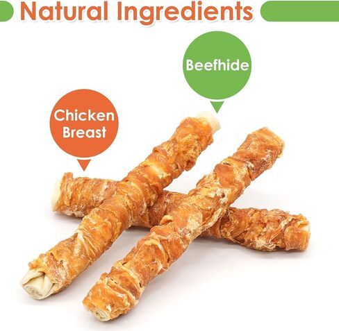 MON2SUN Dog Treats, 9 Inch Chicken Wrapped Rawhide Rolls Dog Snacks, Teeth Cleaning and Long Lasting Dog Chews for Medium and Large Dogs, 23.28oz (6 Count-Pack of 1) in Kuwait