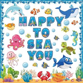 87 PCS Sea Animal Bulletin Board Decorations Under The Ocean Paper Cutout Classroom Decor Happy to Sea You Bulletin Board Set with Glue Point Dots for School Classroom Wall Ocean Theme Party Decor