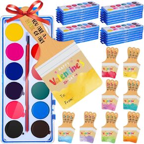24 Sets Valentine‘s Day Watercolor Paint Set with Valentine‘s Day Cards 12 Color Mini Paint Gift for Kids Bulk for School Classroom Class Boys Girls Toddlers Gift Exchanges Party