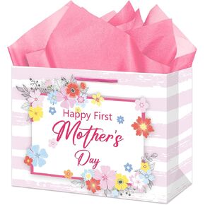 Juesmos First Mothers Day Gift Bag مع ورقة أنسجة 13 "حقيبة ورقية أفقية كبيرة سعيدة مع هدايا الأمهات لأم جديدة تتوقع أمي من أمي من الابنة