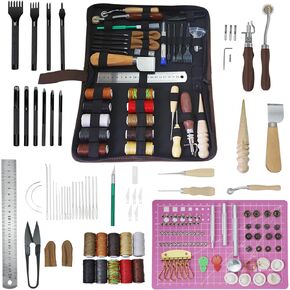 أدوات عمل Amogto Leather Tools Craft مع حقيبة تخزين - أدوات صياغة جلدية كاملة للقطع واللكم والختم والخياطة و DIY إصلاحات