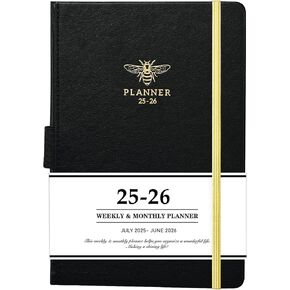 2025-2026 Planner - Planner 2025-2026, JUL2025 - JUN 2026, 2025-2026 Planner Weekly and Monthly with Calendar Stickers, 5.75" x 8.25", Saffiano Leather, Pen Loop, Back Pocket - Black Bee