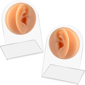 2 PCS نماذج الأذن السيليكون ، وآذان ممارسة نسيج الجلد واقعية مع حامل عرض (يسار واليمين) ، ودعائم التصوير المجوهر