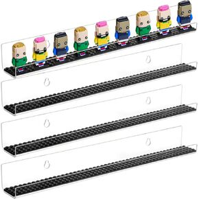 4PCS Minifigure Display Case Holds Up to 96 Figures, Clear Acrylic Floating Shelf Display with Brick Building Baseplates, Figure Display Cabinet Wall Mount, Minifig Organizer