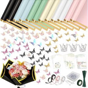315 Pcs Flower Wrapping Paper, 60 Sheets Waterproof Floral Bouquet Korean Wrapping Paper with 1 Green Tape, 50 Floral Wires, 3 Ribbons, 100 Flower Pins, 68 Butterflies, 3 Crowns, and 30 Gift Cards