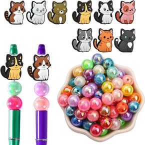 School Theme 16mm Acrylic Beads for Pens 52PCs & Silicone Focal Student Beads for Beadable Pens, Large Ball Pen Beads for DIY Pens Keychain Crafts (School Color)